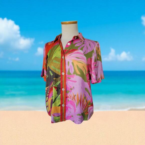 Rachel Zoe Tropical Birds & Leaves Print Satin Beach Vacation Top Size XS - Picture 11 of 16